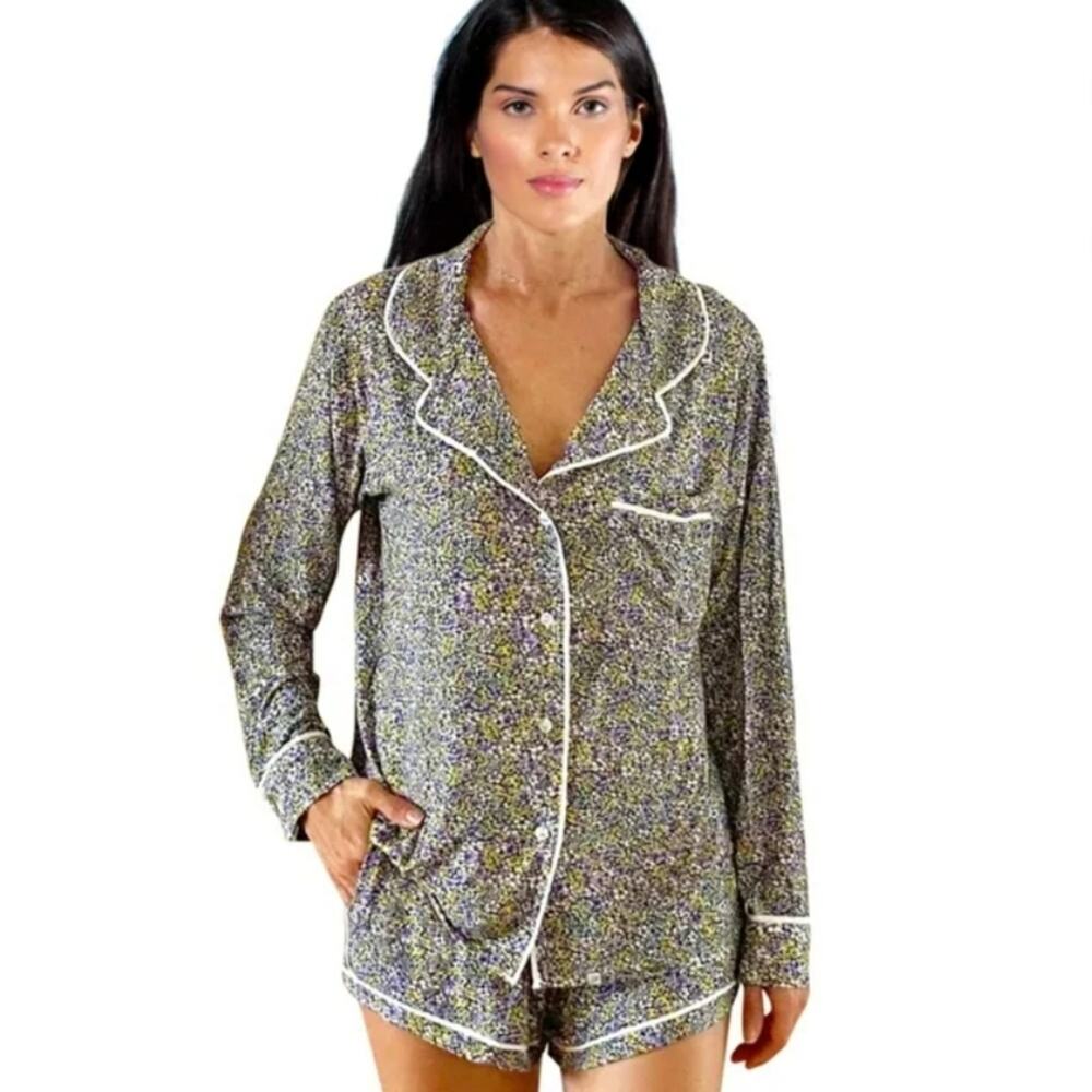 Plush Apparel Floral Jersey Pajama Set NWT Black Purple 3pc Top Shorts Mask XS